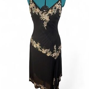 Vintage Cache Black Dress with Gold Floral Design